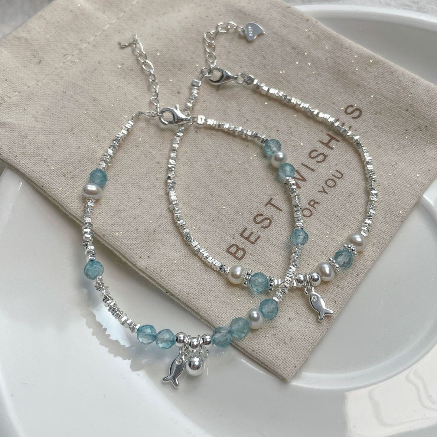 E廠【XDQ0060S】小眾精緻S925純銀藍托帕小魚手鍊女輕奢碎銀子氣質百搭手飾品
 26.04-3