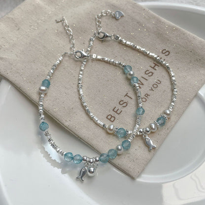 E廠【XDQ0060S】小眾精緻S925純銀藍托帕小魚手鍊女輕奢碎銀子氣質百搭手飾品
 26.04-3