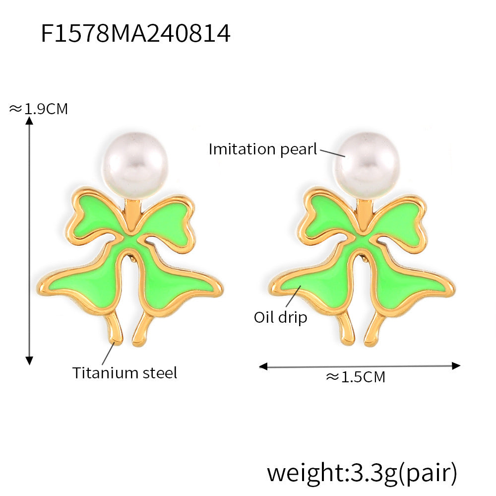 B廠【F1578】跨境仿珍珠彩釉蝴蝶花耳環鈦鋼小眾氣質設計輕奢個性耳環流行飾品 24.08-3