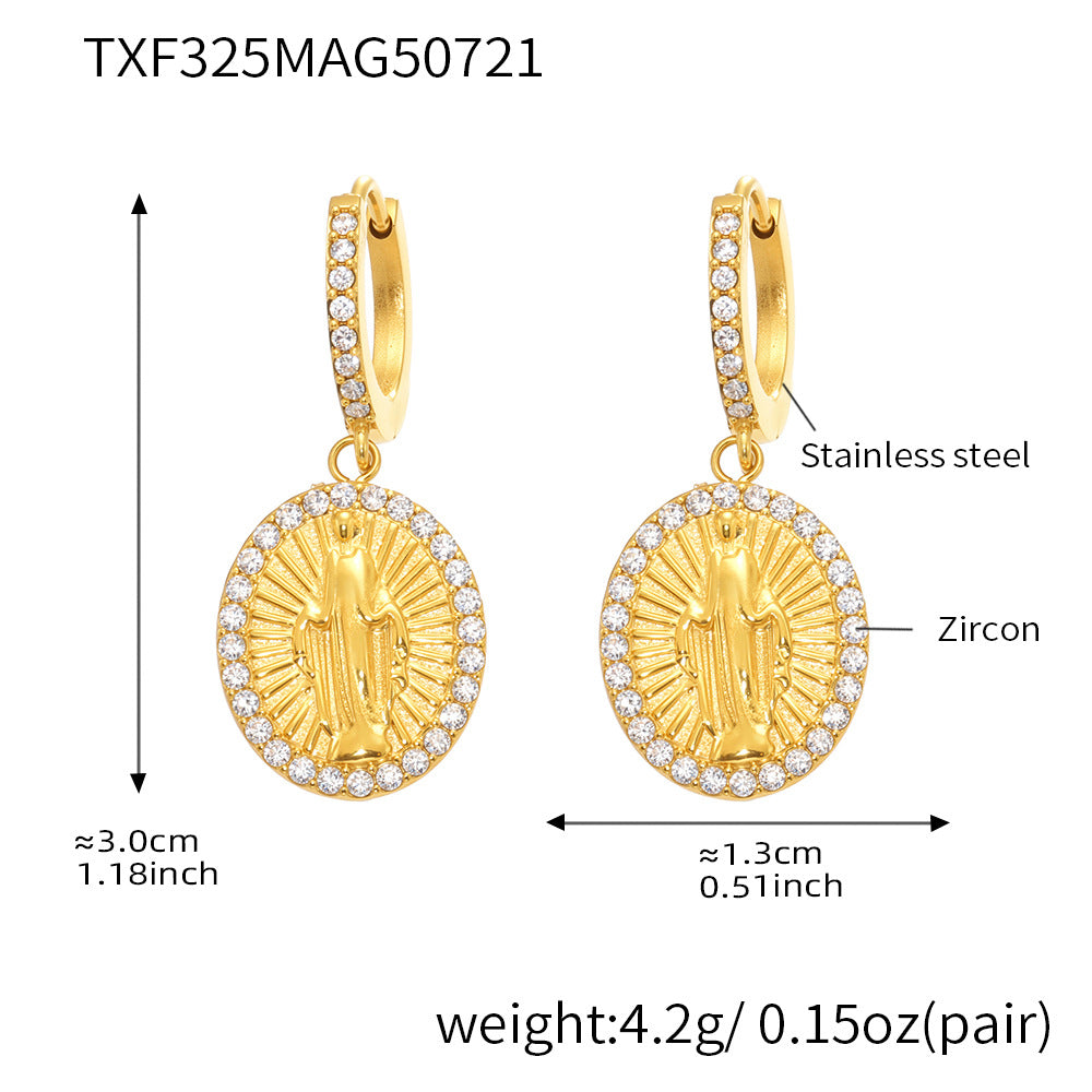 B廠【TXF325】超閃5A鋯石圓牌耶穌滿鑽設計耳環戒指組不鏽鋼18k鍍真金 25.08-2