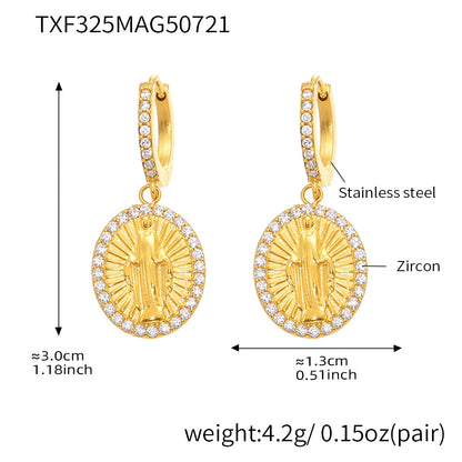B廠【TXF325】超閃5A鋯石圓牌耶穌滿鑽設計耳環戒指組不鏽鋼18k鍍真金 25.08-2