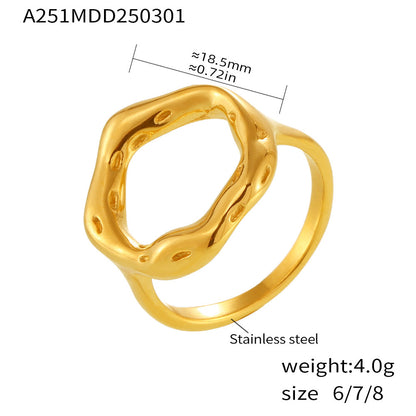 B廠【F530】小眾環形岩溶戒指耳環歐美時尚簡約首飾不鏽鋼18K真金套裝 25.03-1