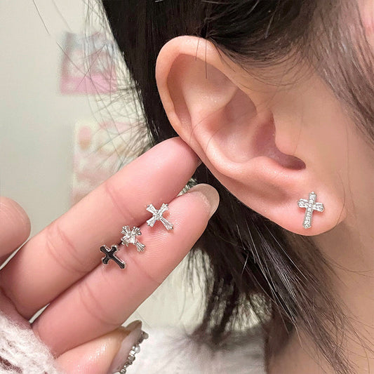 E廠【XDQ10071E】S999純銀十字架系列耳環甜酷風滴黑油耳骨釘男女疊戴百搭耳飾
 26.01-1