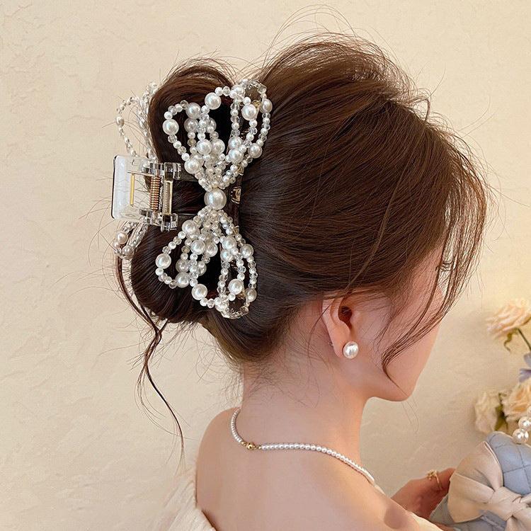 C廠【H21】優雅珍珠蝴蝶結抓夾女2026新款鯊魚夾子漂亮高級感獨特盤髮夾頭飾
 26.04-3