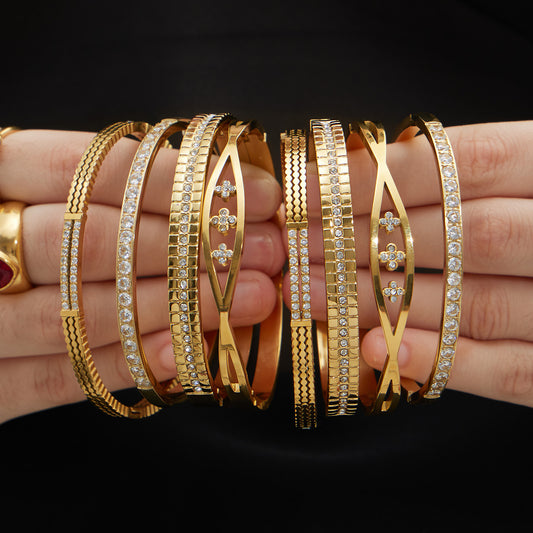 B廠【Z512】不鏽鋼單排鑽鋯石卡扣手鐲組合歐美時尚潮酷手飾鍍18k金不掉色
 25.12-2