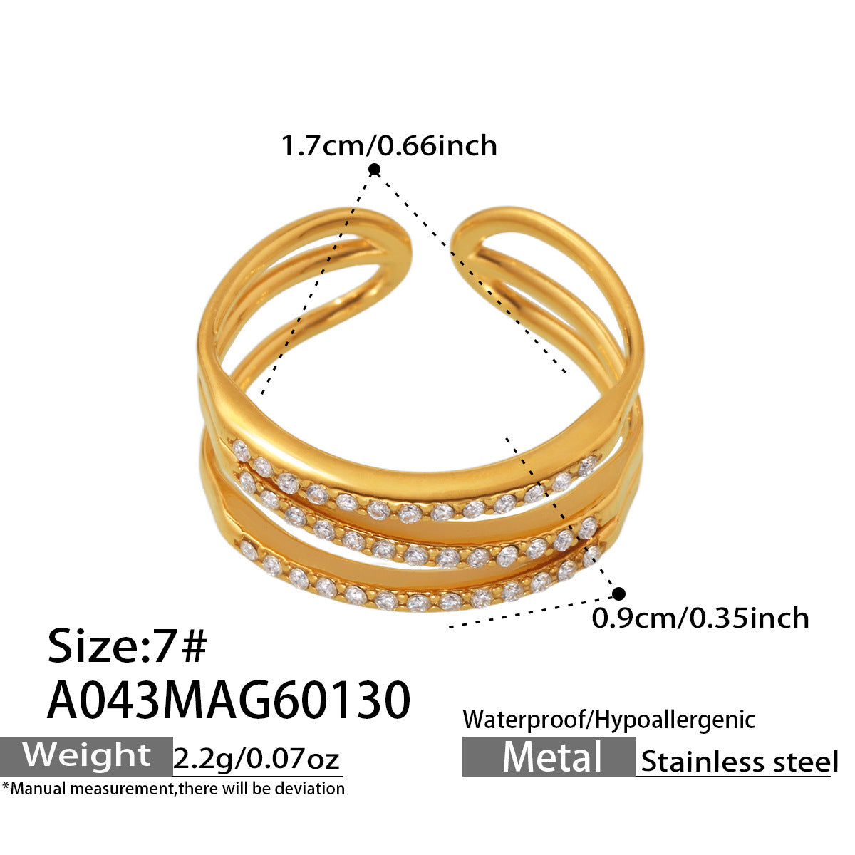 B廠【A043】跨國簡約設計微鑲鋯石三層開口指環輕奢風時尚百搭戒指不鏽鋼鍍金
 26.02-1