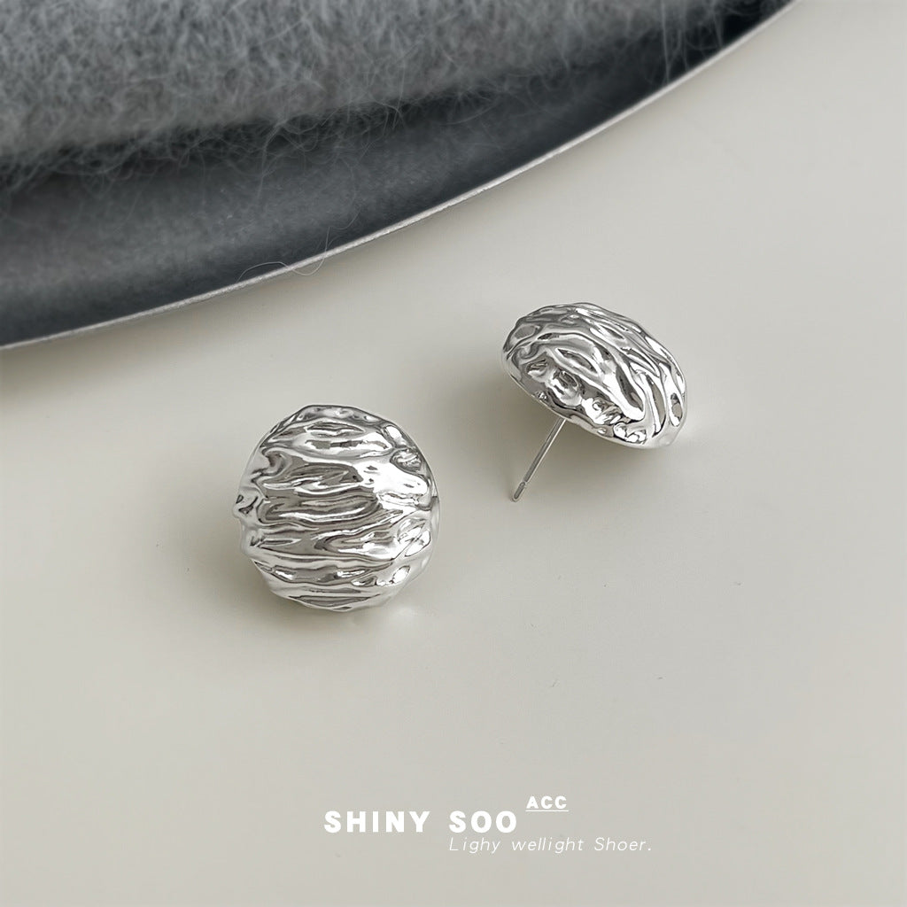 A廠【7141】小眾設計感核桃紋路時尚高級感銀針圓形幾何重工感耳飾耳環女
 25.11-4