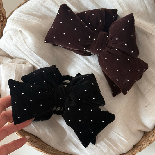 C廠【P87】復古絲絨蝴蝶結點鑽抓夾女高級感髮夾秋冬氣質後腦勺盤髮鯊魚夾子
 26.01-1