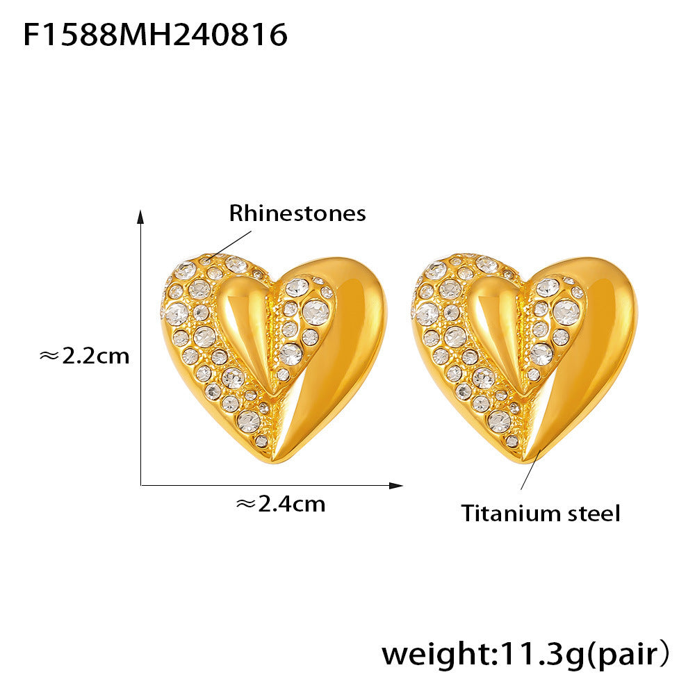 B廠【F1588】跨境復古愛心黏鑽耳環鈦鋼PVD真空鍍金心形時尚歐美風耳飾 24.08-4