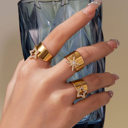 B廠【A074】跨境新不銹鋼寬面開口五角星八芒星鑲鋯石戒指鍍18k真金
 25.09-4