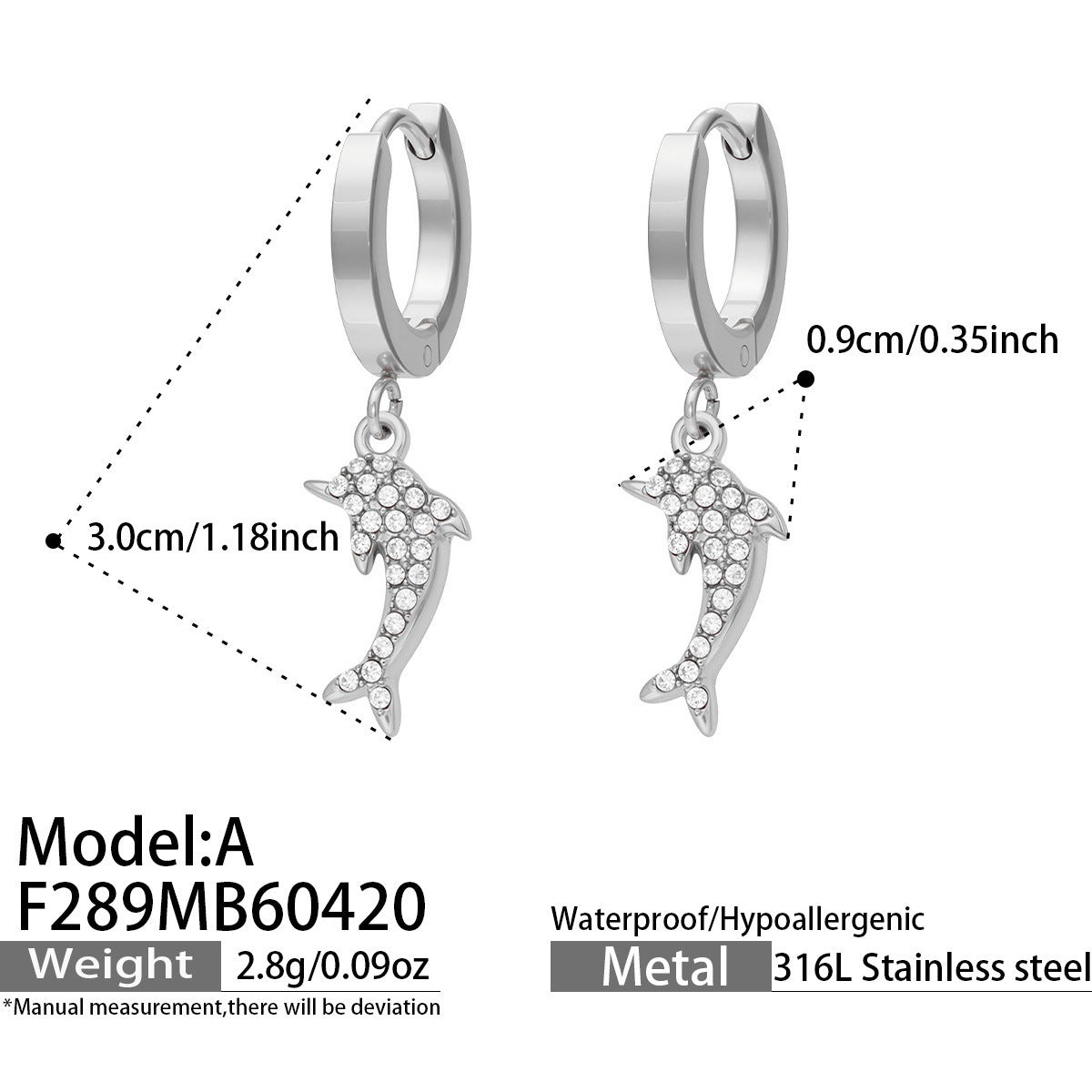 B廠【F289】海洋風不鏽鋼鑲嵌鋯石小海豚吊墜耳環鍍18k金耳圈輕奢簡約耳飾女
 26.04-5