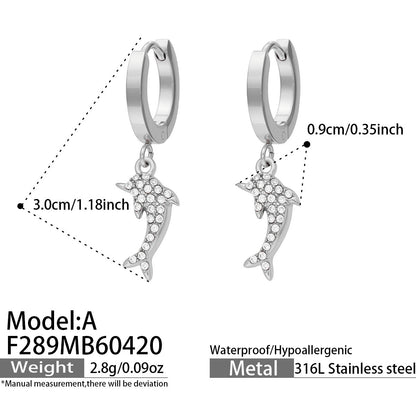 B廠【F289】海洋風不鏽鋼鑲嵌鋯石小海豚吊墜耳環鍍18k金耳圈輕奢簡約耳飾女
 26.04-5