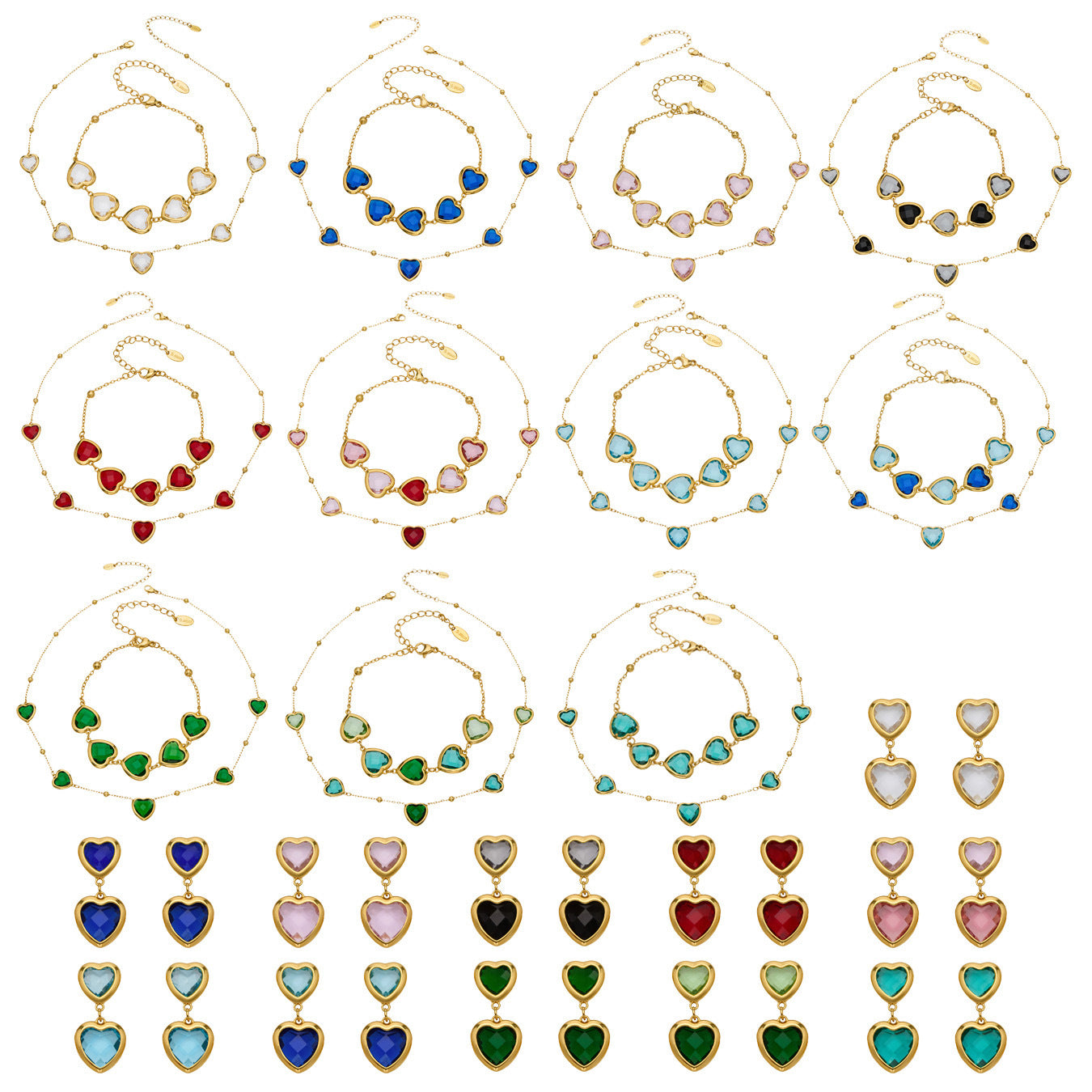 B廠【TXP510】不鏽鋼愛心切麵包邊玻璃石鋼珠項鍊手鍊耳環組鍍18k真金不掉色
 25.12-2