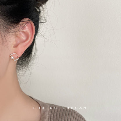 A廠【3157】微鑲鋯石幾何鏤空耳環高級感輕奢大氣時髦方形線條珍珠氣質耳飾品 25.01-2