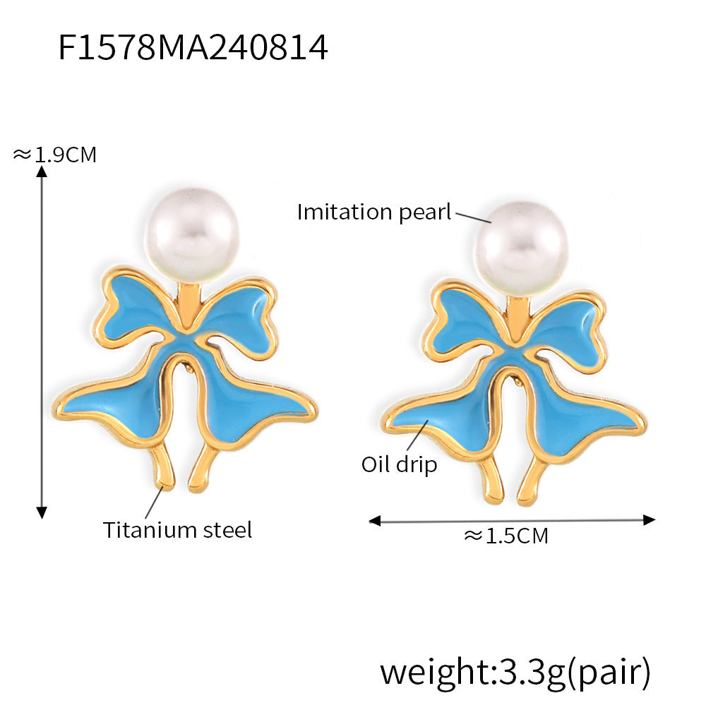 B廠【F1578】跨境仿珍珠彩釉蝴蝶花耳環鈦鋼小眾氣質設計輕奢個性耳環流行飾品 24.08-3