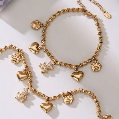 B廠【TXP495】不銹鋼小熊滿鑽鋯石竹節手工鏈空心愛心耳環手鍊項鍊套組女
 25.11-4