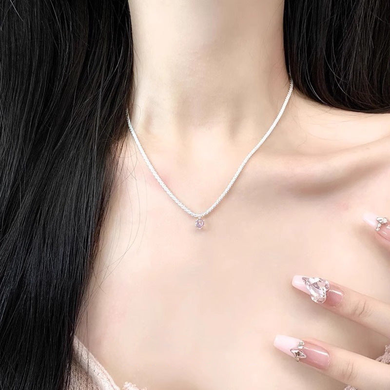 F廠【DQ0546N】S925純銀波光粼粼粉鑽項鍊女輕奢簡約閃鋯滿天星鎖骨鏈高級感 25.05-4