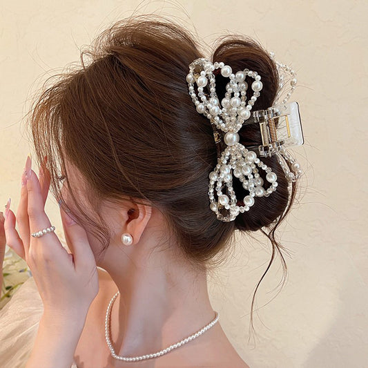 C廠【H21】優雅珍珠蝴蝶結抓夾女2026新款鯊魚夾子漂亮高級感獨特盤髮夾頭飾
 26.04-3