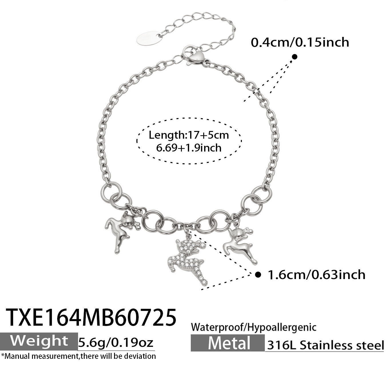 B廠【TXP164】新款小鹿配件微鑲鋯石吊墜項鍊手鍊不銹鋼鍍18k金 時尚女飾品套裝
 26.07-5