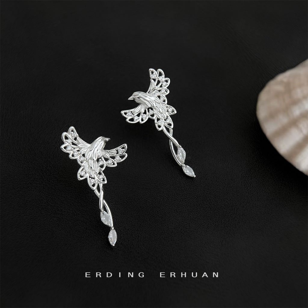 A廠【6854】原創鳳舞~微鑲鋯石925銀針鍍厚銀鳳凰鳥耳環女輕奢風個性小眾耳飾
 25.10-3