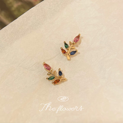 A廠【5682】迷你版~微鑲彩色鋯石小樹葉鍍14K簡約甜美清新耳環耳飾 25.03-2