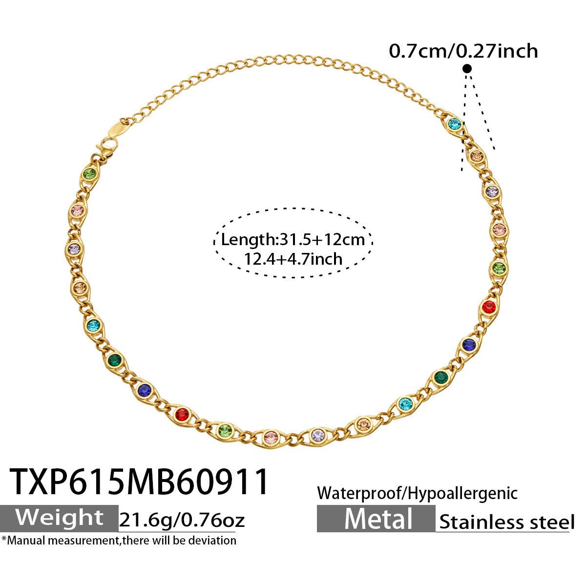 B廠【TXP615】歐美流行多巴胺高級感彩色鋯石不銹鋼手鍊項鍊不掉色時尚女鎖骨鏈
 26.09-3