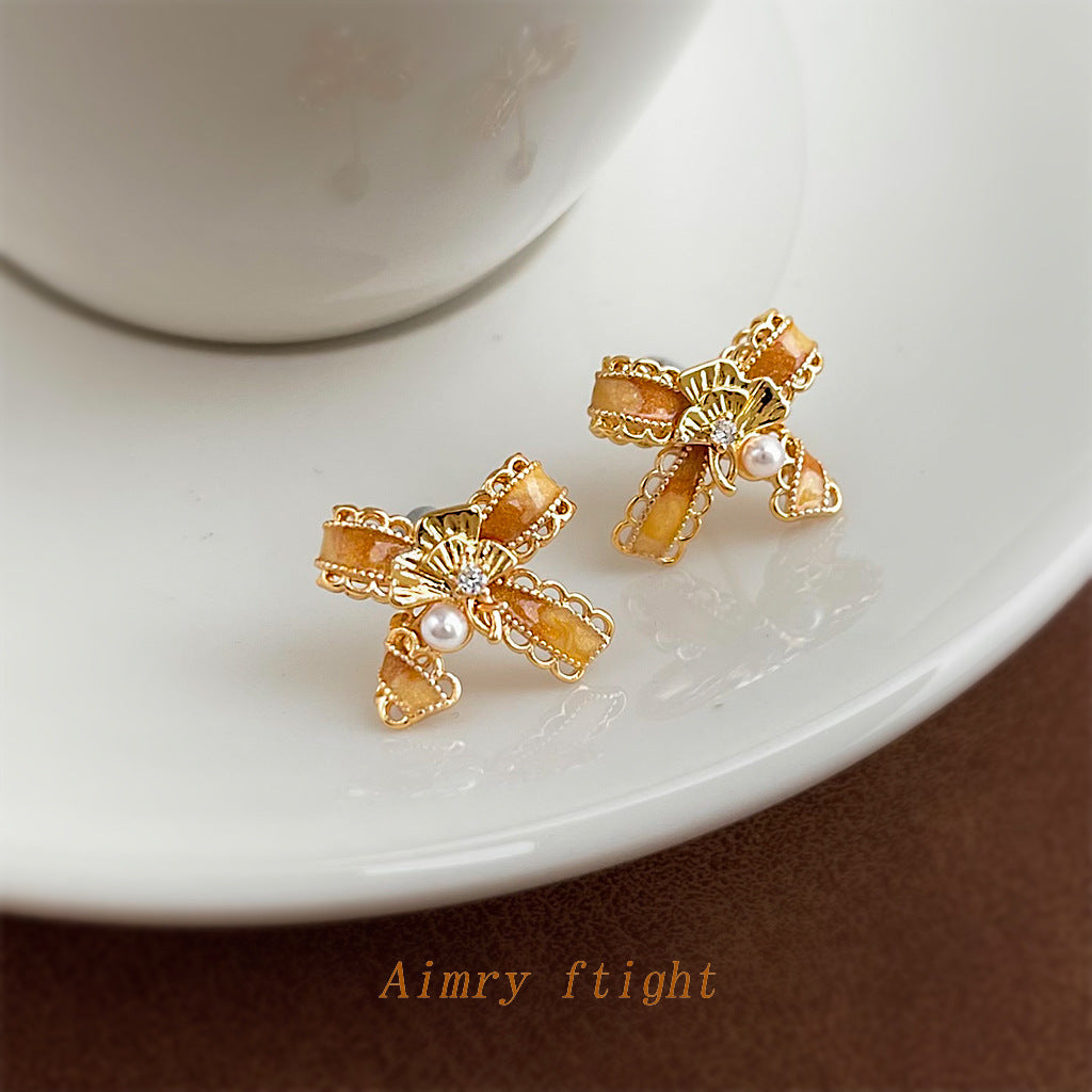 A廠【7192】原創蝴蝶結銀杏葉手工彩繪925銀針鍍14K漸變色耳飾耳環飾品女
 25.12-1