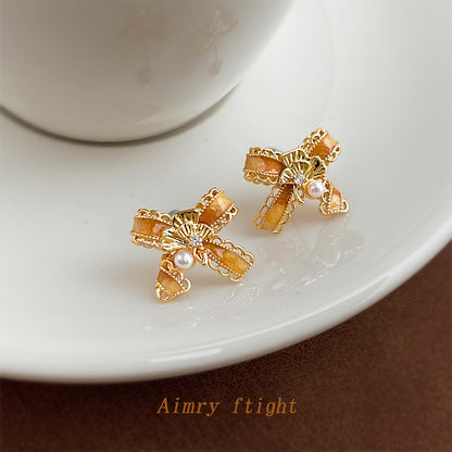 A廠【7192】原創蝴蝶結銀杏葉手工彩繪925銀針鍍14K漸變色耳飾耳環飾品女
 25.12-1