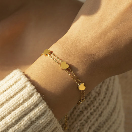 B廠【E054】歐美ins風小清新愛心雙層疊戴手鍊跨國時尚簡約飾品不鏽鋼鍍18k金
 26.02-1