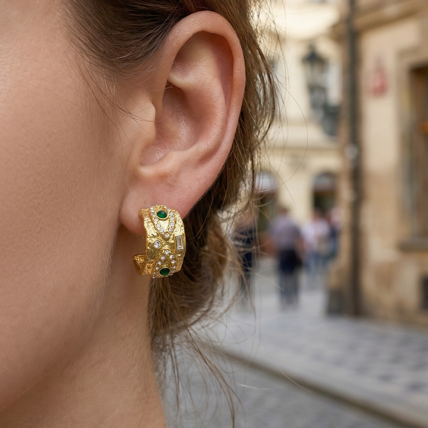 B廠【TXF090】歐美ins小眾設計幾何C型耳環鑲嵌綠松石水鑽高質感耳飾不銹鋼材質
 26.03-3