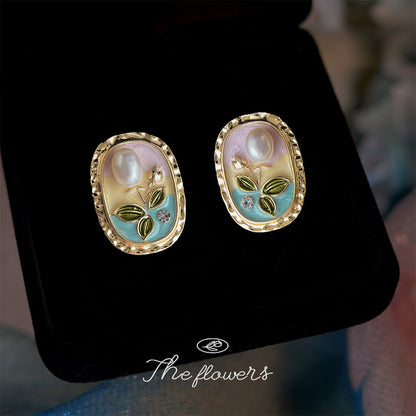 A廠【6355】淡水珍珠清新甜美田園風925銀針電鍍14K油畫質感琺瑯釉耳飾耳環女 25.08-1