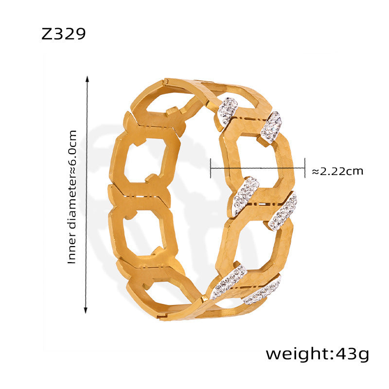 B廠【Z329】歐美風新款幾何鑲鋯石開口手鐲嘻哈創意個性霸氣男士C形鈦鋼手環 24.02-4