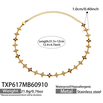 B廠【TXP617】跨境時尚四瓣花鋯石鈦鋼PVD真空電鍍小眾高級鎖骨鏈耳環手鍊組合
 26.09-3
