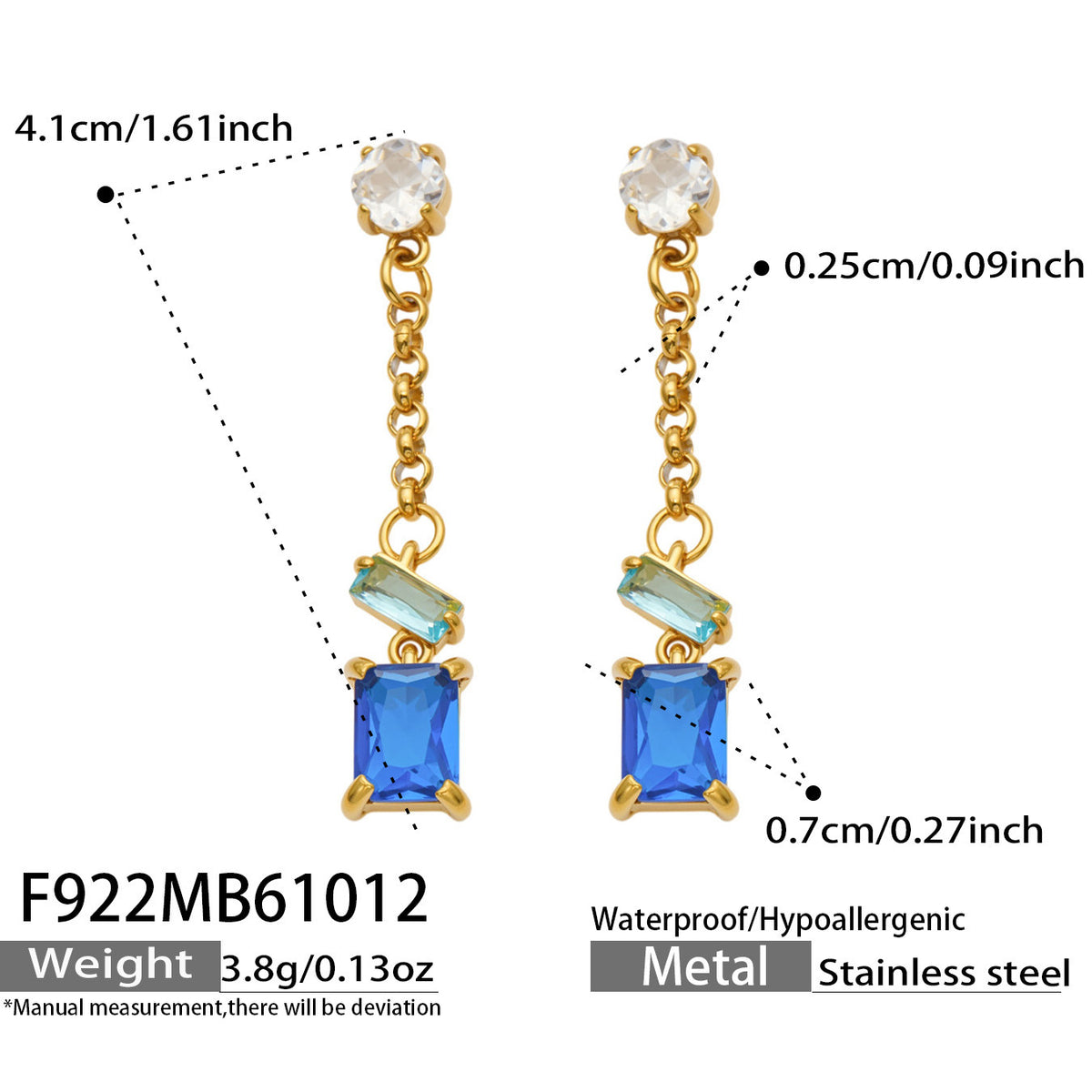 B廠【F922】方塊多巴胺鋯石不鏽鋼鍍18k金流蘇長款耳環
 26.10-4
