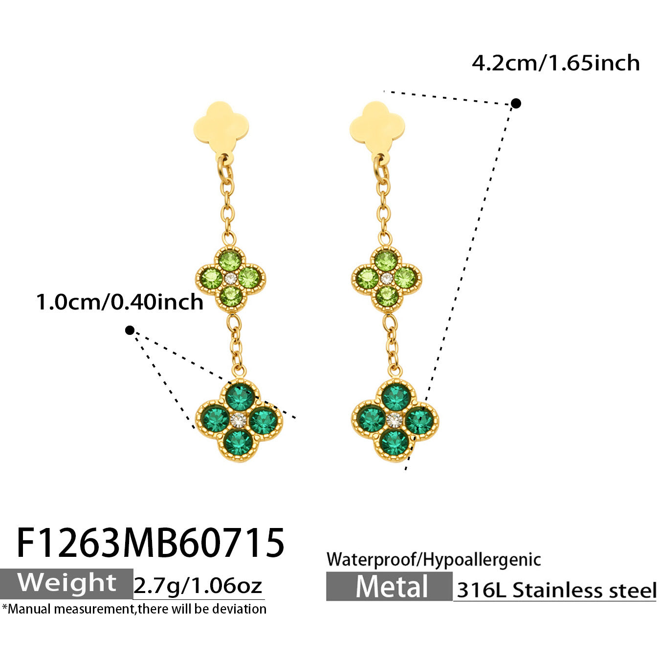 B廠【F1263】小花帶鑽鑲嵌鋯石吊墜耳環不鏽鋼鍍18k金歐美時尚輕奢耳環飾品女
 26.07-4
