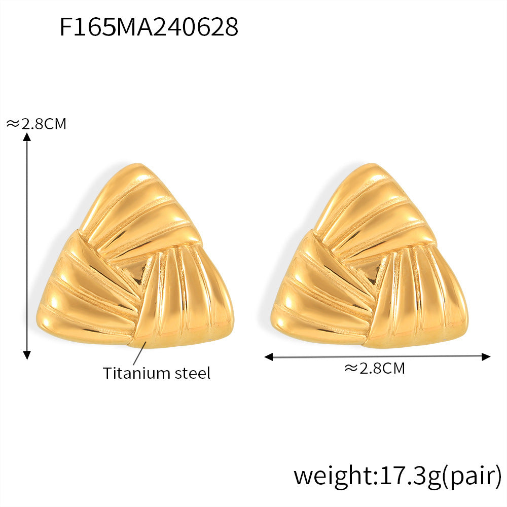 B廠【F165】歐美ins氣質復古條紋編織鈦鋼耳環三角形鍍18k真金耳環設計感耳飾 24.07-1