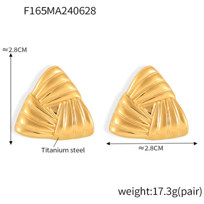 B廠【F165】歐美ins氣質復古條紋編織鈦鋼耳環三角形鍍18k真金耳環設計感耳飾 24.07-1