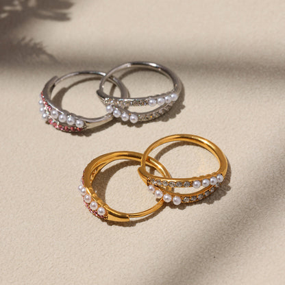 B廠【A030】ins跨境熱銷款幾何雙層貝珠水鑽側開口可調整不鏽鋼戒指女 25.04-4