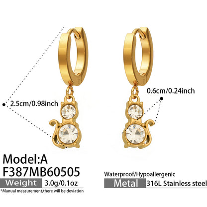 B廠【F387】歐美ins小眾設計貓型DIY吊墜鑲鋯石耳環不鏽鋼鍍18k金跨國百搭款
 26.05-2