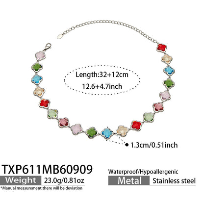 B廠【TXP611】謎麗港風顯貴四葉花不鏽鋼鍍金紅玻璃簡約小眾項鍊手鍊耳飾飾品女
 26.09-3