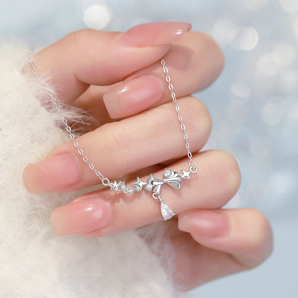 D廠【YC3705N】足銀S999韓風星月蝴蝶結項鍊女韓版仙氣可愛淑女鎖骨鏈跨境
 26.03-2