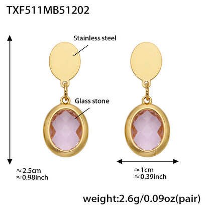 B廠【TXP511】不鏽鋼幾何橢圓切面玻璃石包邊項鍊手鍊耳環組鍍18k金跨國首飾
 25.12-2
