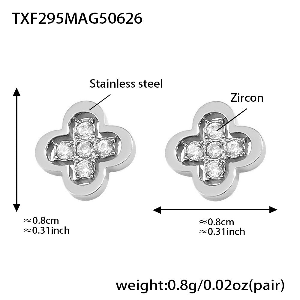 B廠【TXP295】歐美飾品不鏽鋼四葉花5A鋯石耳環項鍊組18k鍍真金不掉色 25.07-1