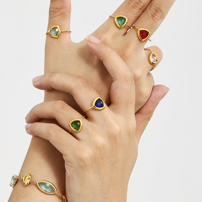 B廠【TXA265】不銹鋼三角形開口戒指進口捷克切面超閃玻璃戒指鍍18k真金 25.06-3