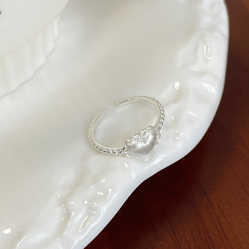 F廠【DQ8038R】S925純銀蕾絲愛心戒指女小眾高級感磨砂心形精緻蕾絲疊戴指環 25.05-5