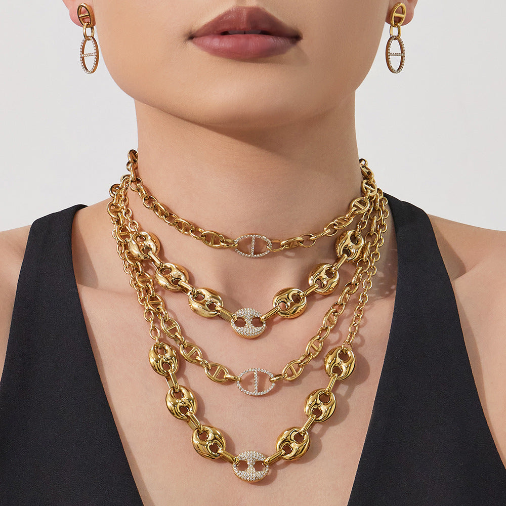 B廠【TXP532】歐美ins冷淡風豬鼻子鑲嵌鋯石項鍊手鍊耳環首飾組不銹鋼鍍18k金
 26.01-2