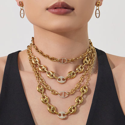 B廠【TXP532】歐美ins冷淡風豬鼻子鑲嵌鋯石項鍊手鍊耳環首飾組不銹鋼鍍18k金
 26.01-2