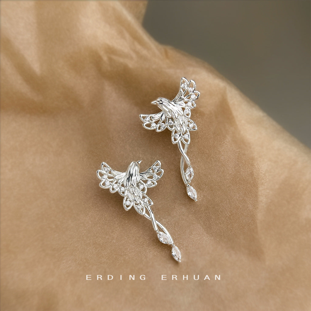 A廠【6854】原創鳳舞~微鑲鋯石925銀針鍍厚銀鳳凰鳥耳環女輕奢風個性小眾耳飾
 25.10-3