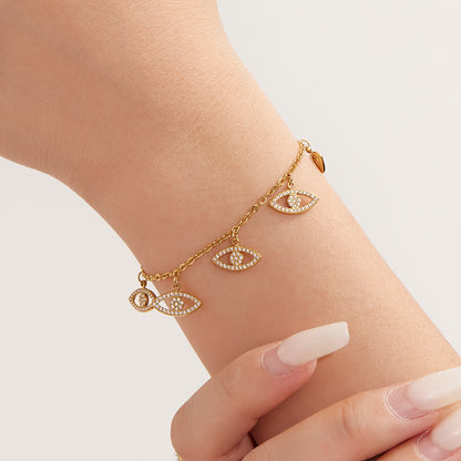 B廠【E524】歐美鑲鑽惡魔之眼多吊墜手鍊不銹鋼鍍18k真金秋季百搭飾品 25.08-3