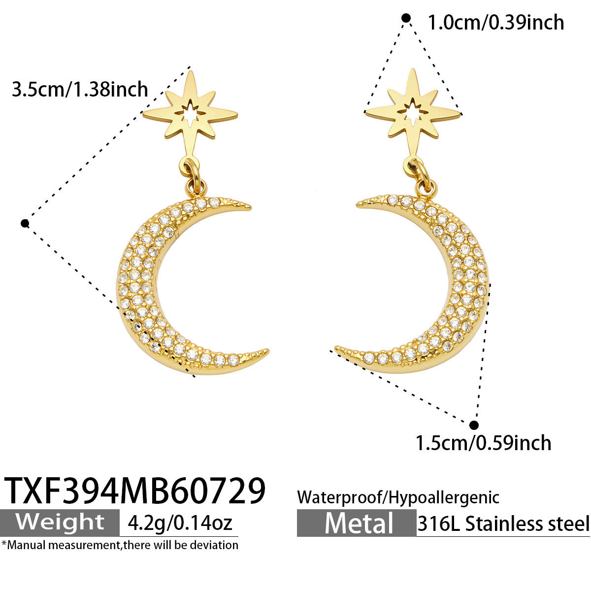 B廠【TXP394】歐美輕奢風不鏽鋼鍍18k金 月亮星星鑲鋯石女項鍊耳環手鐲飾品套裝
 26.08-1